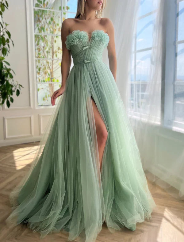Luolandi A-Line Evening Gown Floral Dress Formal Wedding Guest Court Train Sleeveless Strapless Tulle with Bow(s) Slit Prom Dress